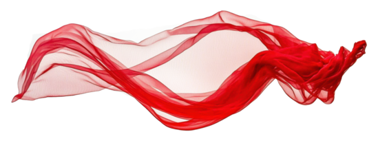 Red fabric flowing in the wind against a white background, the red cloth with folds and waves, the flying fabric creating an elegant decoration for a wedding or fashion show banner design