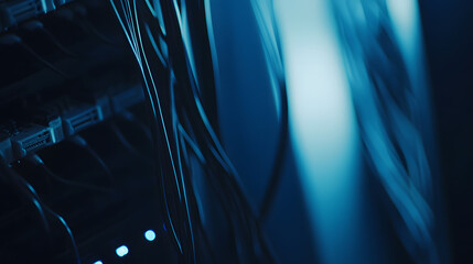 Cable management in a data center, with network cables and a patch bay inside a server rack, featuring a blue light effect