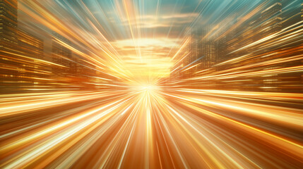 Obraz premium City lights and skyscrapers captured at high speed with motion blur, featuring glowing orange and yellow light trails curving into the horizon at sunset. A dynamic urban scene.