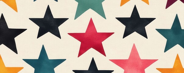 Fototapeta premium A colorful pattern featuring various stars in different colors against a cream background, creating a vibrant and playful aesthetic.