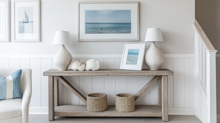 Fototapeta premium A nautical-style entryway with a driftwood console table, seashell accents