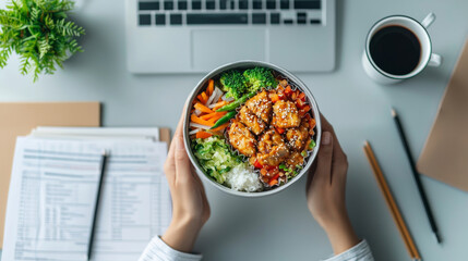 Healthy meal in bowl with chicken, vegetables, and rice on desk