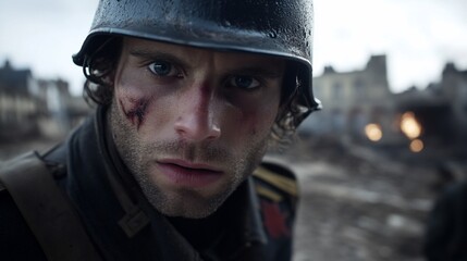 Obraz premium A Wounded Soldier's Gaze: A World War II Portrait