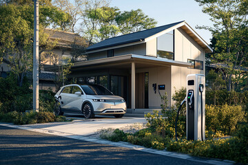 Modern eco-friendly house with electric car charging station in sustainable environment