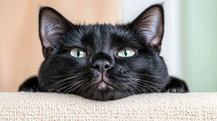 Black cat leaning on beige scratching post