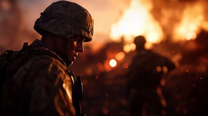 Soldier Silhouette Amidst Inferno: A Wartime Reflection