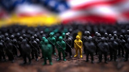 Toy Soldiers in Formation with Blurred American Flag Background