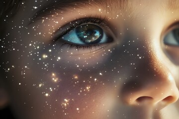 Close-Up of Child's Eye with Cosmic Stars and Dreamy Background