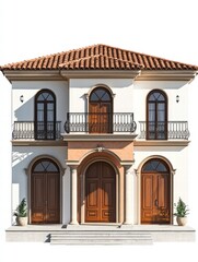 Elegant Villa: A captivating architectural design showcasing a sophisticated villa with its rich textures, symmetrical facade, and inviting ambiance.