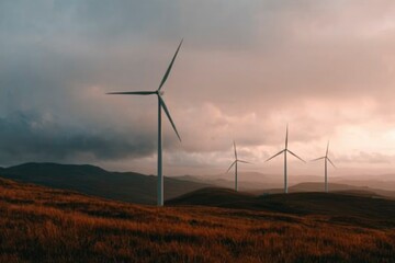 Obraz premium Wind turbines on a hill at sunset. Possible use Environmental conservation image