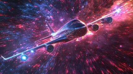 Airplane Soaring Through A Cosmic Nebula