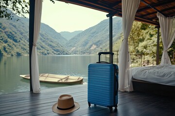 Fototapeta premium With a suitcase and cap on the floor, the travel lifestyle theme conveys it's Time to Relax