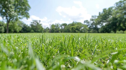Closeup Green Grass in Park, Sunny Day, Background Trees, Peaceful Scene, Nature Photo