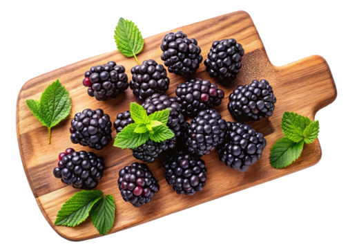 Fresh blackberries and mint on wooden board Isolated Transparent Background - A close-up of fresh blackberries with mint leaves on a wooden chopping board, highlighting vibrant fruits and natural text