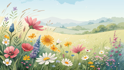 Obraz premium Watercolor flower field background in a colorful wildflower array, evoking the beauty of spring meadows with a lively, cheerful vibe and copy space words + concept