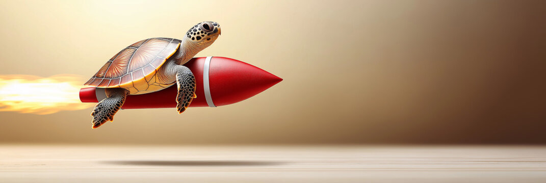 turtle riding red rocket with motion blur, showcasing speed and adventure. vibrant colors and dynamic composition create exciting visual experience
