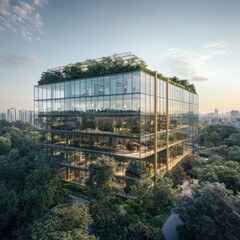 Fototapeta premium Modern green office building, city skyline, sunset