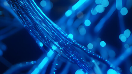 Cable management in a data center, with network cables and a patch bay inside a server rack, featuring a blue light effect