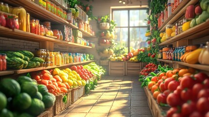 Obraz premium Bright and Colorful Grocery Store Aisle with Fresh Produce Display