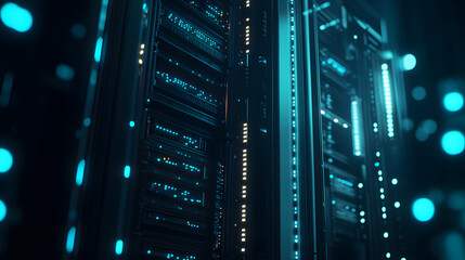 Naklejka premium Cable management in a data center, with network cables and a patch bay inside a server rack, featuring a blue light effect