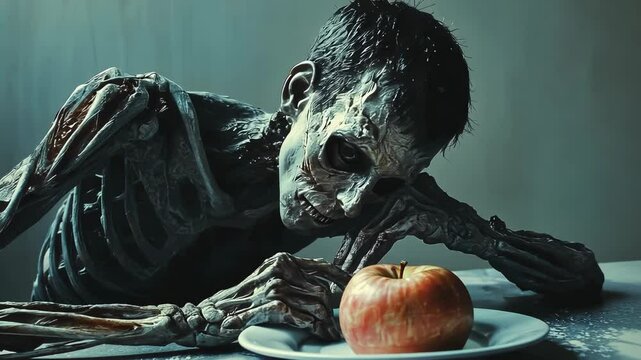 Emaciated man stares at an apple in a stark room, reflecting on hunger and despair in a poignant moment