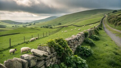 A serene Irish countryside with sheep grazing on green hills and a stone fence covered in clovers.
