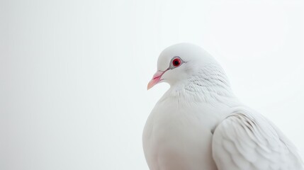 A beautiful white dove with red eyes is captured in this stunning close-up photograph.
