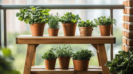 Various Types of Vegetable Gardens Concept, cozy urban balcony garden with potted herbs and greenery