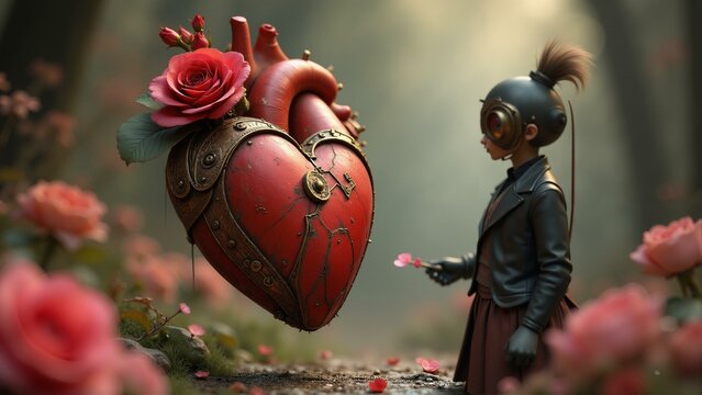 A steampunk-inspired clockwork heart unfurls into roses, surprising a lovesick inventor.