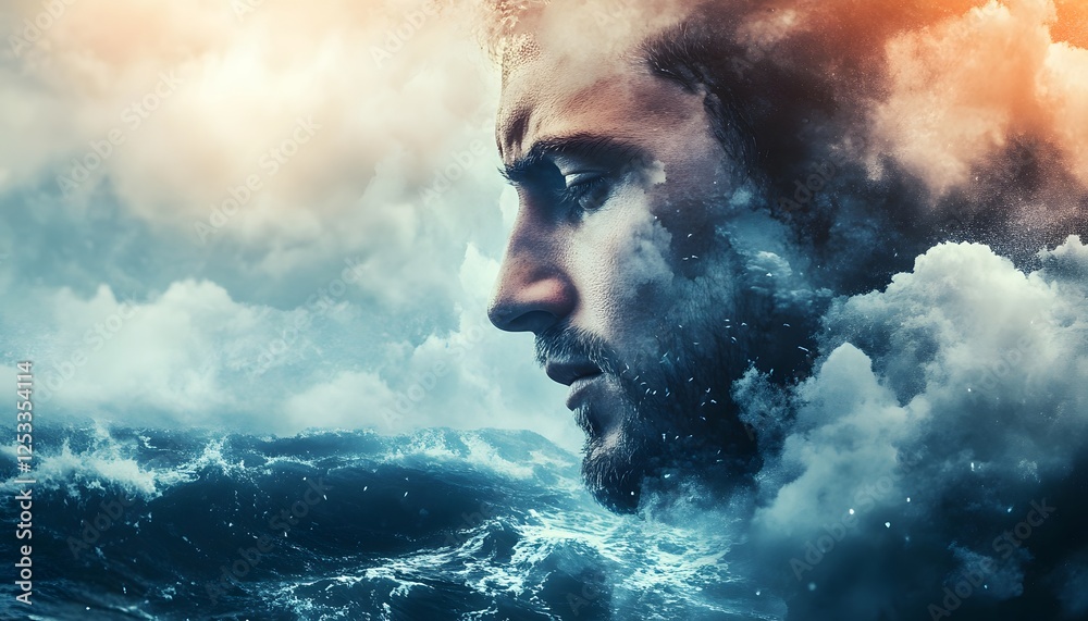 Poster man's profile with ocean waves and dramatic cloudscape background