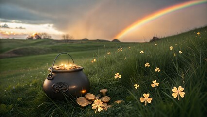A pot of gold at the end of a vibrant rainbow, surrounded by shamrocks in a grassy field.
