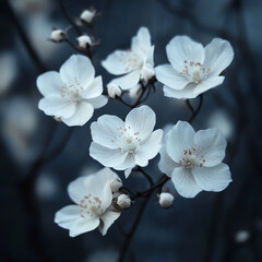White blossoms bloom against a dark backdrop, showcasing the intricate beauty of nature in a serene moment. Generative AI