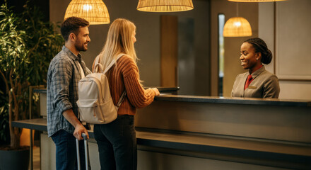 Couple checks in at modern hotel reception with friendly staff welcoming them in cozy atmosphere