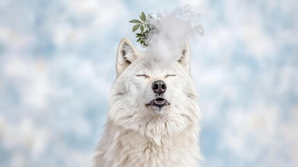 Obraz premium White Fluffy Dog With Smoke And Plant On Head