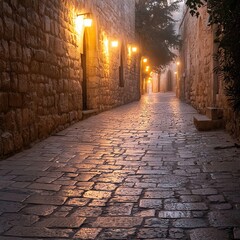 Obraz premium church of the holy sepulchre Mysterious cobblestone street at dawn.