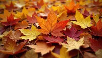 Fototapeta premium Pile of fallen autumn leaves, earthy tones, close-up , crisp, outdoor