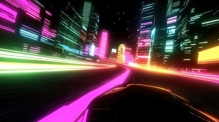 Fototapeta premium Neon City Nightscape Fast Car Drive Through