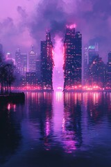 Fototapeta premium Neon Cityscape Divided by Purple Glow Reflecting on Water
