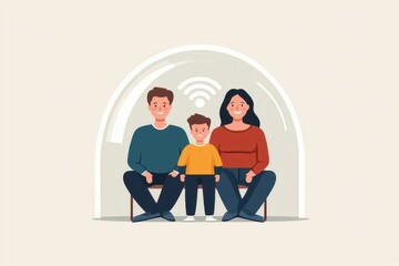 A family struggling to sleep as harsh red and yellow sound patterns from a nearby party engulf their peaceful blue home, emotional, moody lighting.