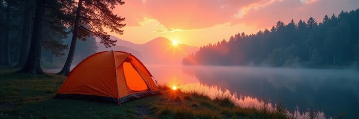 Sunrise over misty forest, tent pitched near lake, rays, fog
