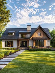 Fototapeta premium Serene Architectural Retreat: A captivating view of a modern house stands amidst lush landscaping, exhibiting harmonious blend of design, nature, and luxury.