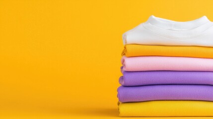 Stacked Colorful T-Shirts Against Orange Background
