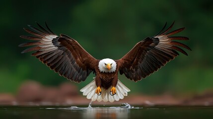 Obraz premium Majestic Eagle Landing On Water In Forest