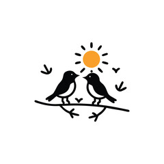 birds on branch, anniversary, clip art, concepts, cut out, doodle, enjoyment, flirting, friendship, handwriting, horizontal, icon set, invitation, outline