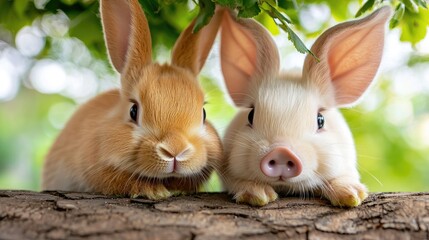 Obraz premium Two baby animals, rabbit and pig, on a tree trunk, springtime scene. Possible use Children's book illustration