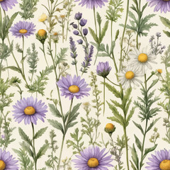 Vintage watercolor seamless botanical pattern with different plants