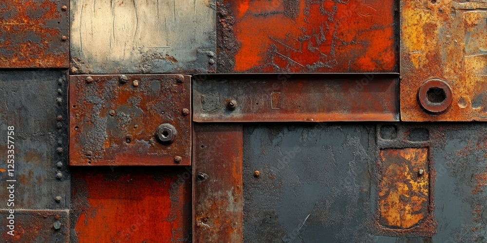 Poster abstract scene where metal textures create a layered and industrial background, incorporating elemen