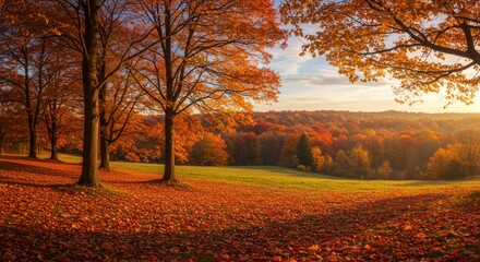 Golden Autumn Landscape with Colorful Leaves and Forest at Sunset