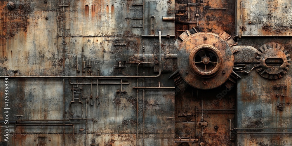 Poster abstract scene where metal textures create a layered and industrial background, incorporating elemen
