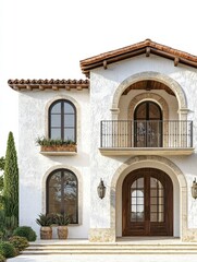 Elegant Architecture: A captivating facade showcases a Mediterranean-style house, with a beautifully arched entryway, wrought iron railings, and terracotta roof tiles, capturing the essence of luxury.